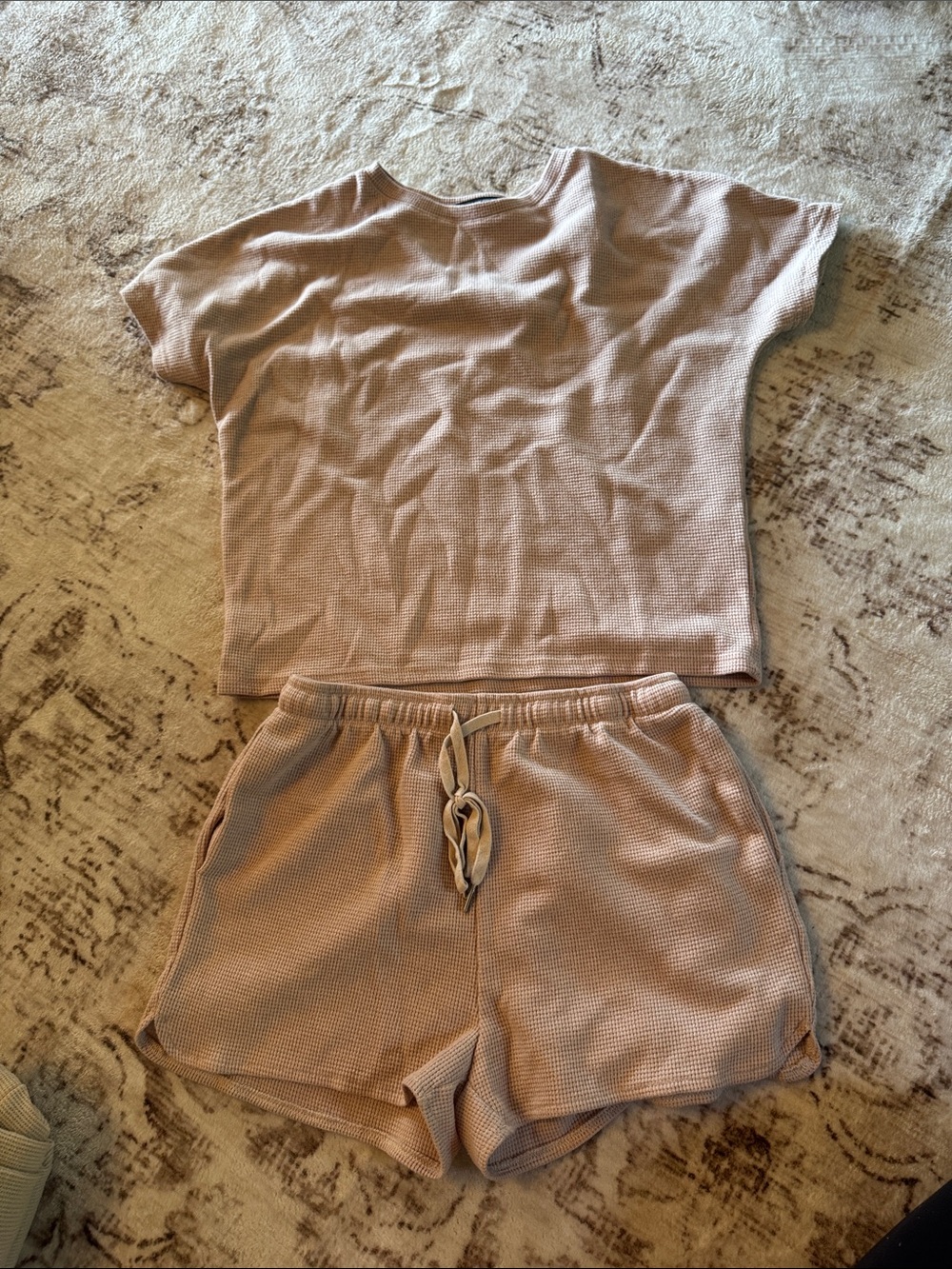 Merokeety Ribbed Short-Sleeve Lounge Top & Drawstring Shorts - Tan